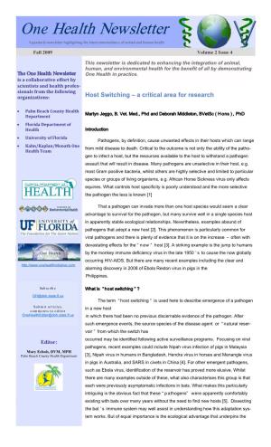 One Health Newsletter a Quarterly Newsletter Highlighting the Interconnectedness of Animal and Human Health