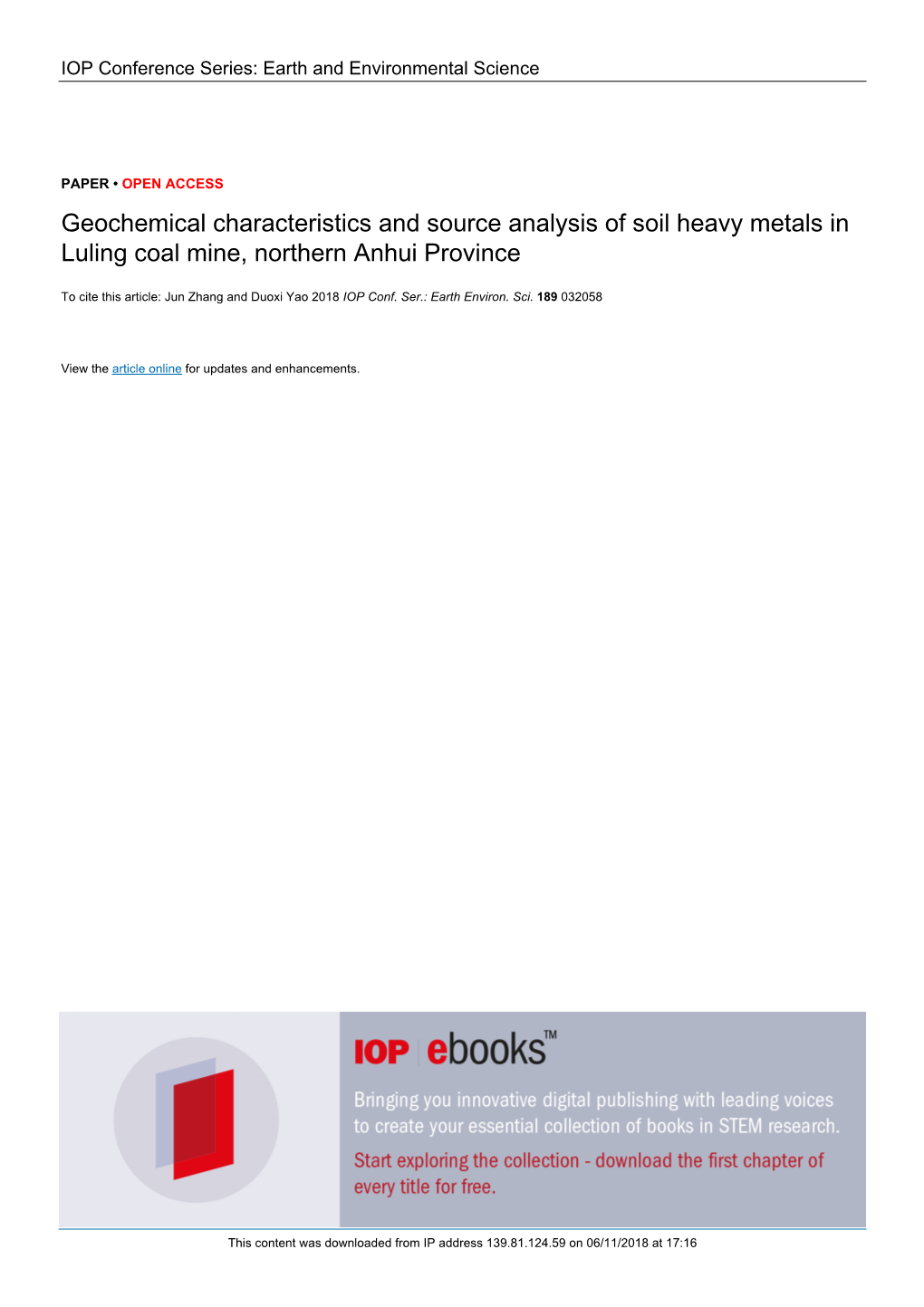 Geochemical Characteristics and Source Analysis of Soil Heavy Metals in Luling Coal Mine, Northern Anhui Province