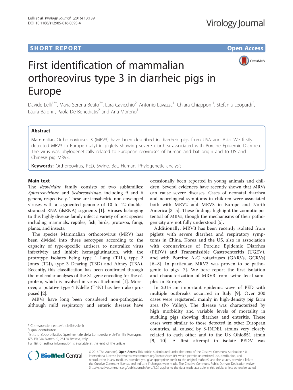 First Identification of Mammalian Orthoreovirus Type 3 in Diarrheic Pigs in Europe