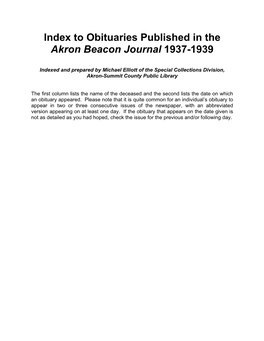 To Obituaries Published in the Akron Beacon Journal 1937-1939