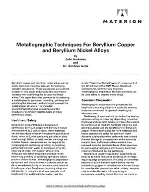 Metallographic Techniques for Copper Beryllium and Nickel
