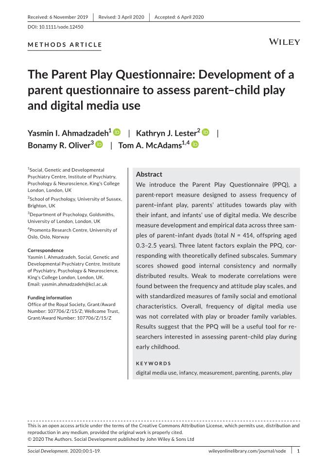 The Parent Play Questionnaire: Development of a Parent Questionnaire to Assess Parent–Child Play and Digital Media Use