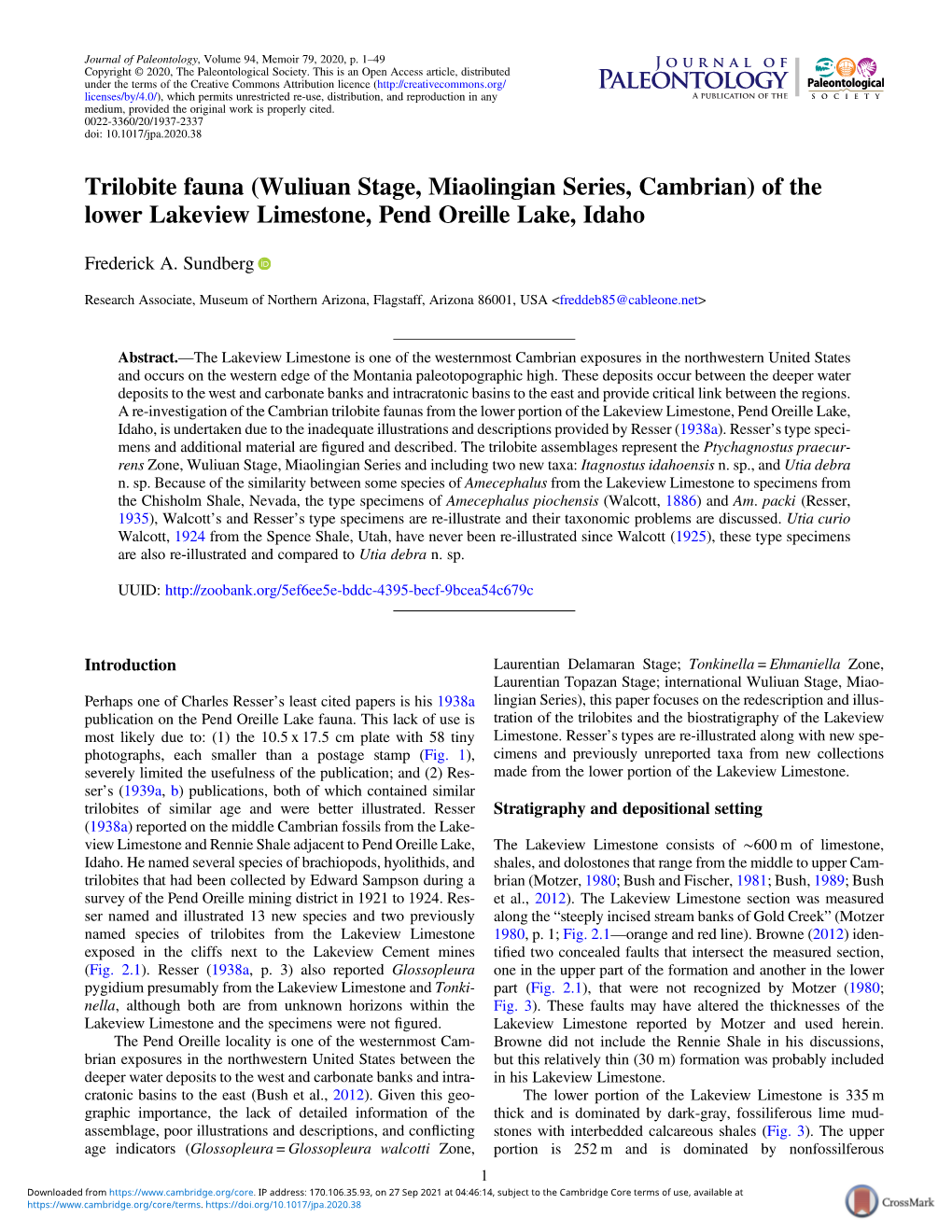 Trilobite Fauna (Wuliuan Stage, Miaolingian Series, Cambrian) of the Lower Lakeview Limestone, Pend Oreille Lake, Idaho