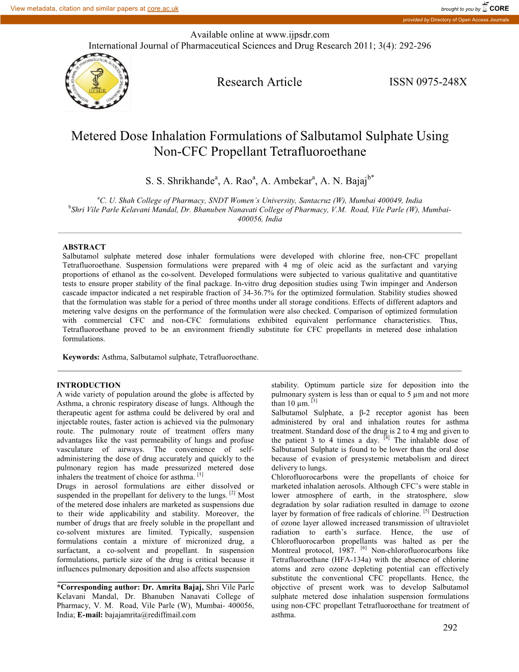 Metered Dose Inhalation Formulations of Salbutamol Sulphate Using Non-CFC Propellant Tetrafluoroethane