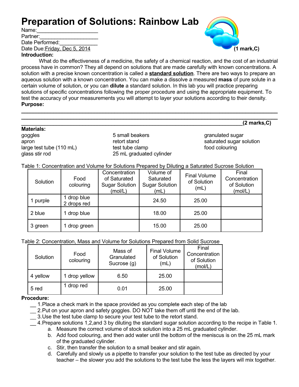 Preparation of Solutions: Rainbow Lab