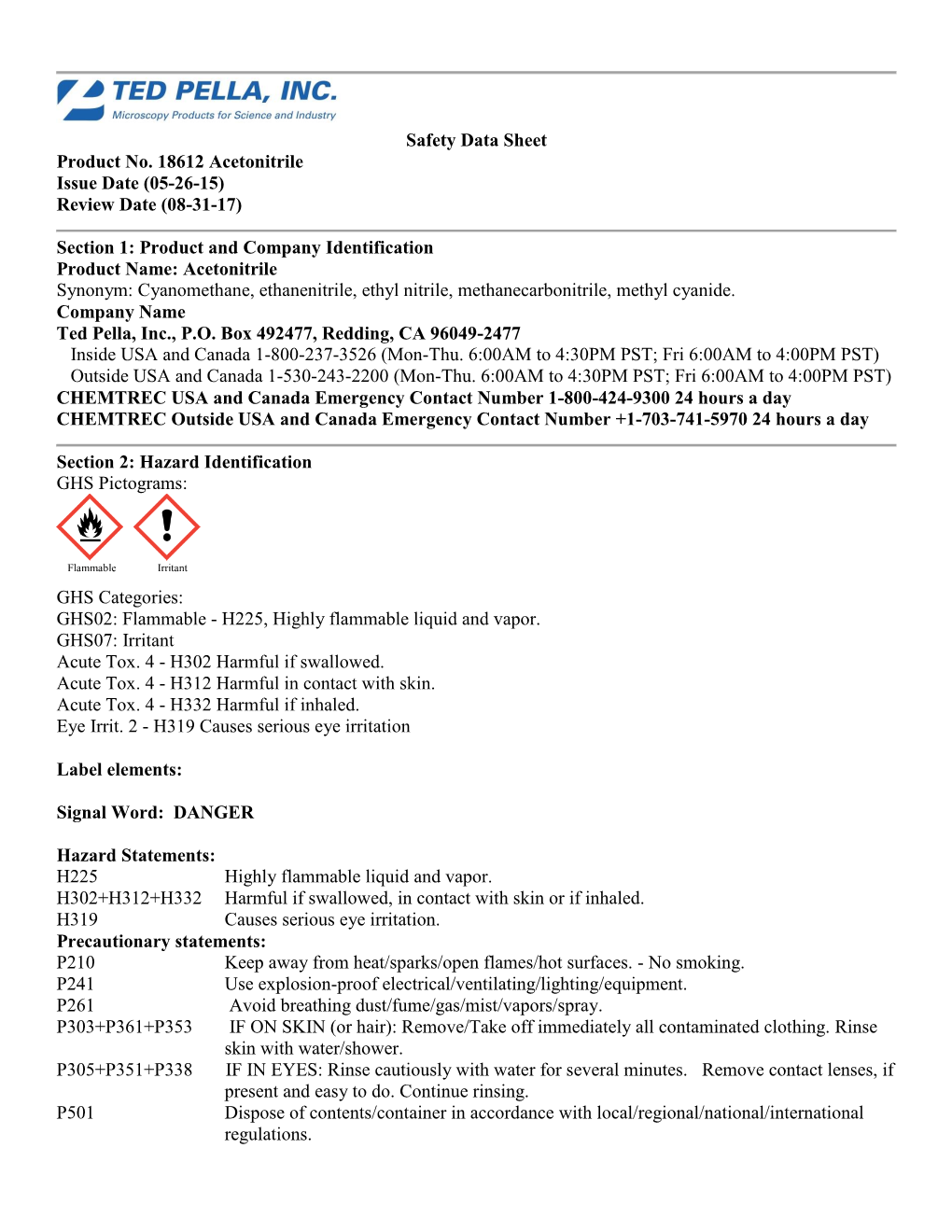 Safety Data Sheet Product No. 18612 Acetonitrile Issue Date (05-26-15) Review Date (08-31-17)