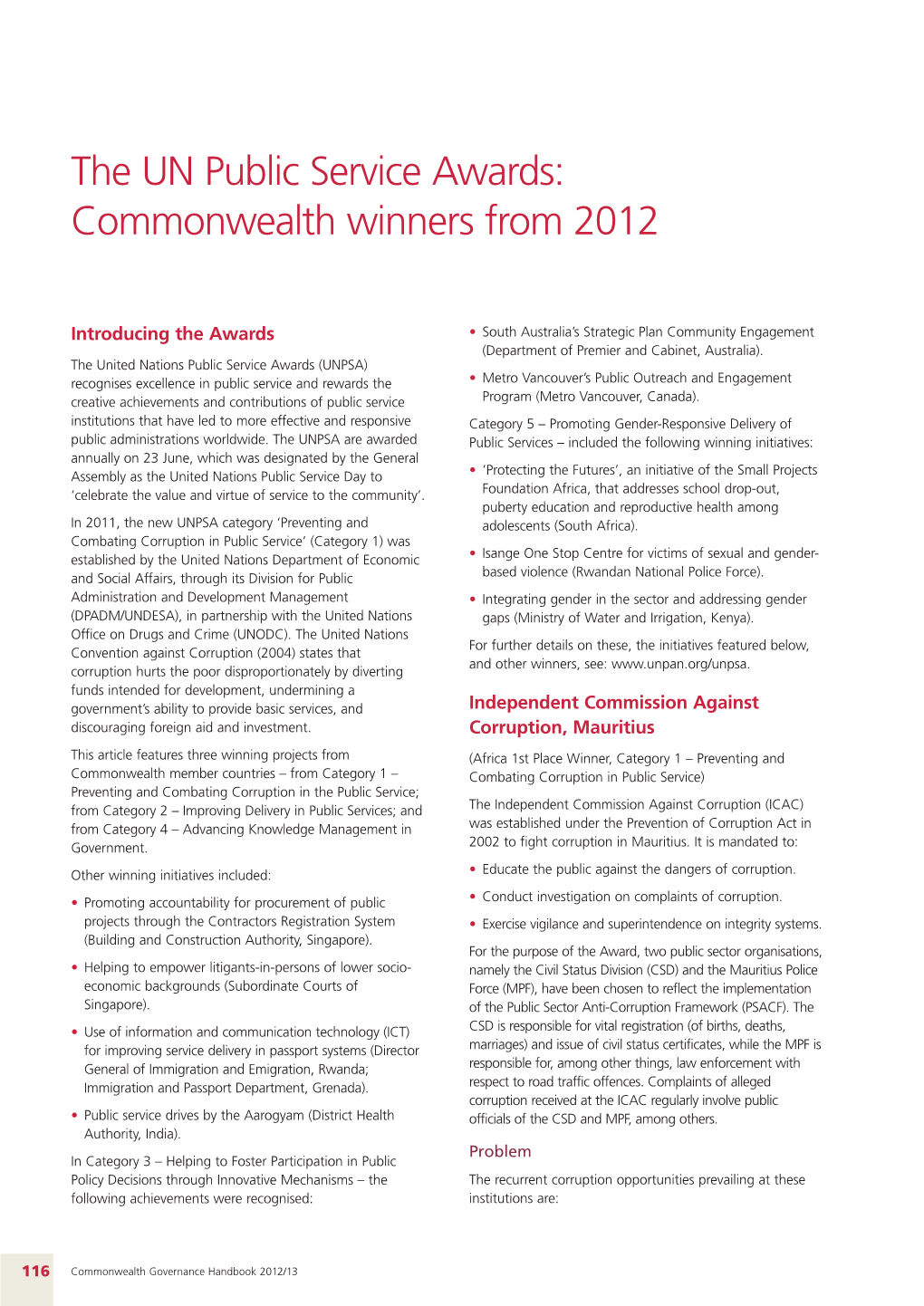 The UN Public Service Awards: Commonwealth Winners from 2012