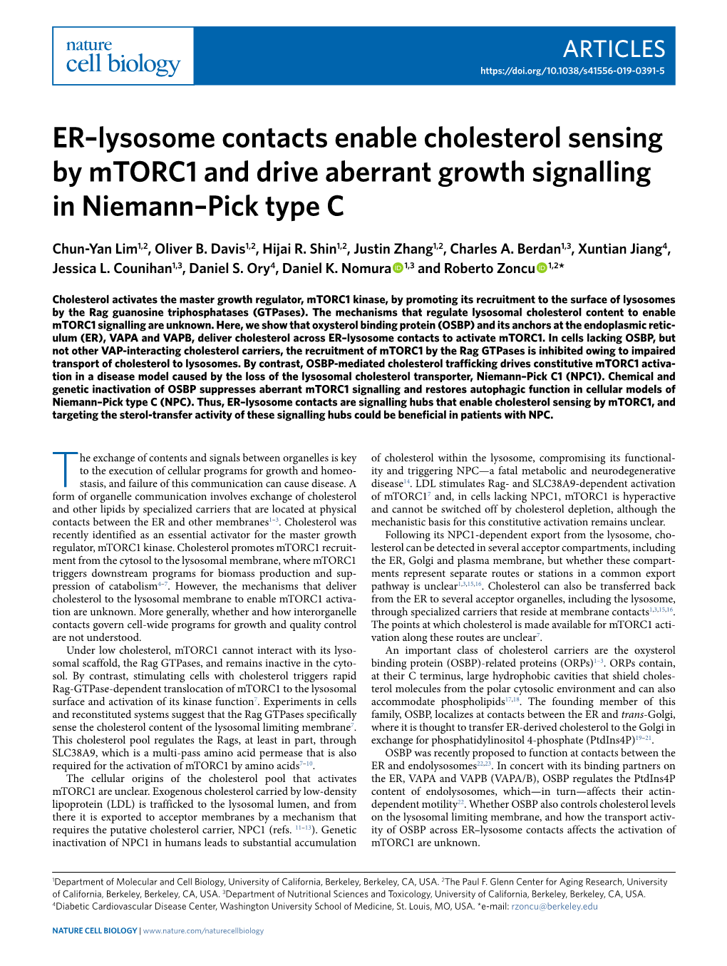 ER–Lysosome Contacts Enable Cholesterol Sensing by Mtorc1 and Drive Aberrant Growth Signalling in Niemann–Pick Type C