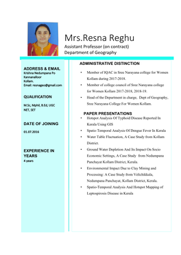 Mrs.Resna Reghu Assistant Professor (On Contract) Department of Geography