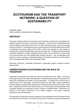 Ecotourism and the Transport Network: a Question of Sustainability SORUPIA, Eden