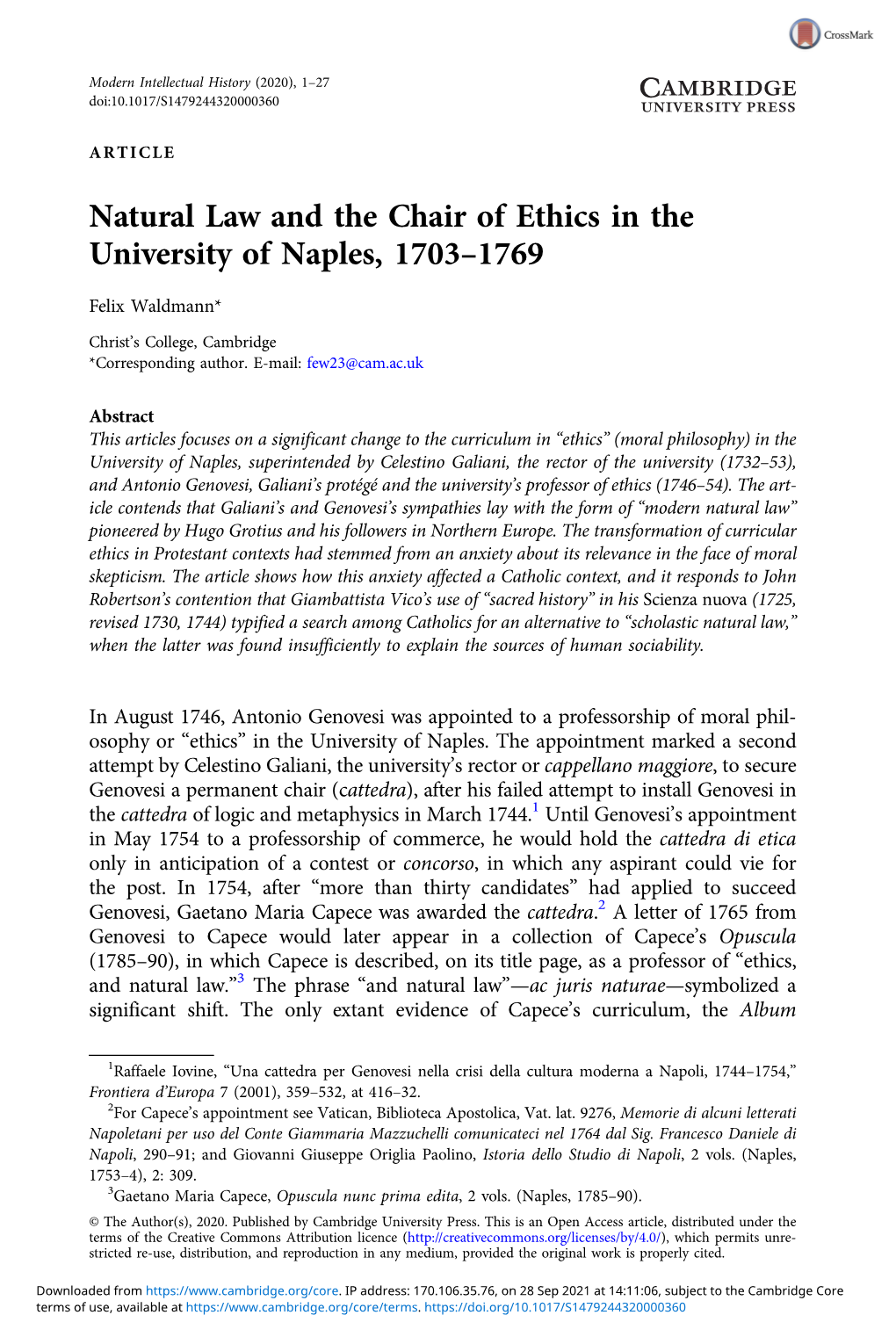 Natural Law and the Chair of Ethics in the University of Naples, 1703–1769