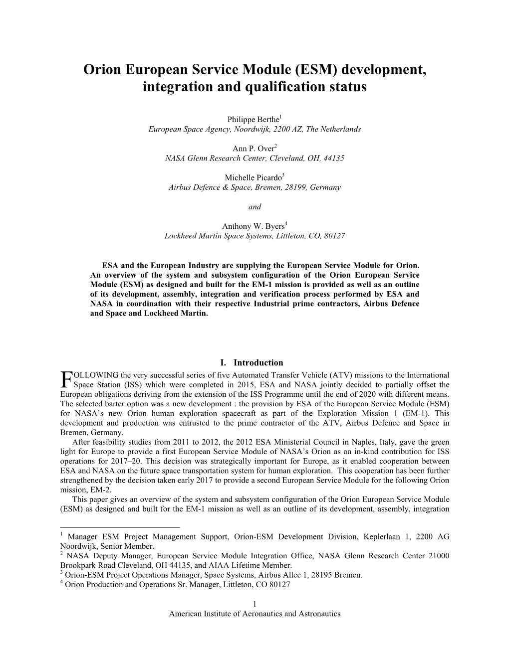 Orion European Service Module (ESM) Development, Integration and Qualification Status