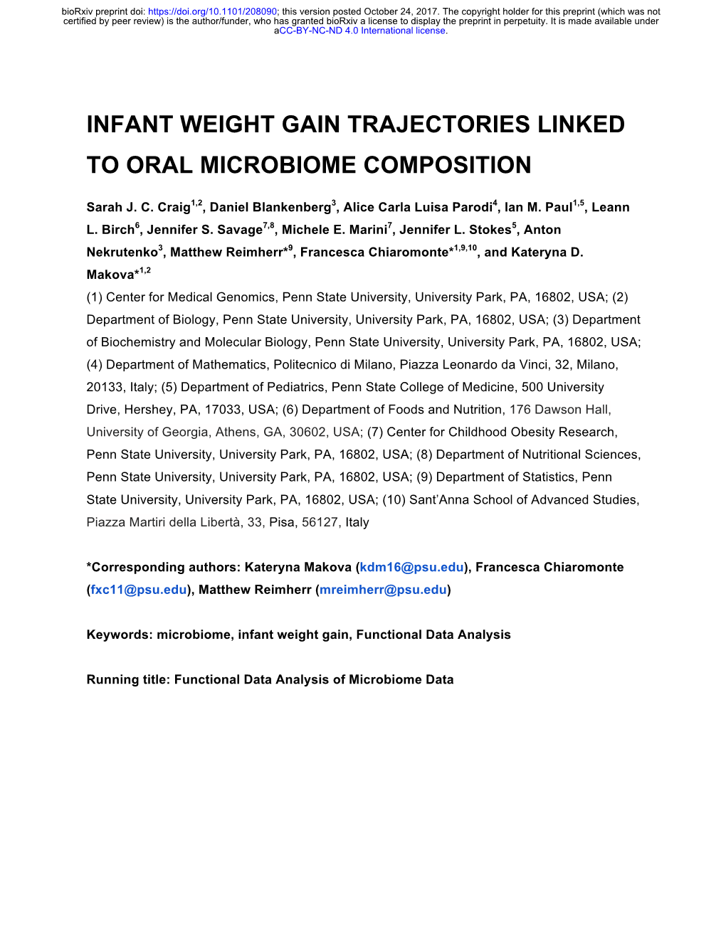 Infant Weight Gain Trajectories Linked to Oral Microbiome Composition