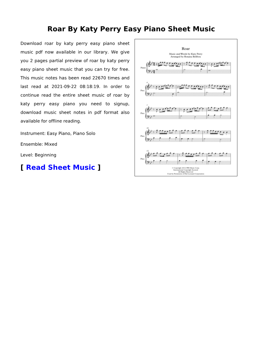 Roar by Katy Perry Easy Piano Sheet Music