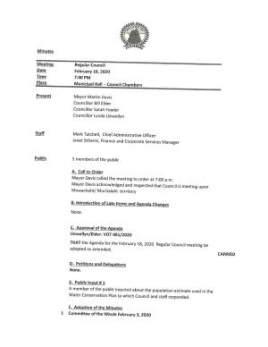 February 18, 2020 Regular Council Meeting Minutes