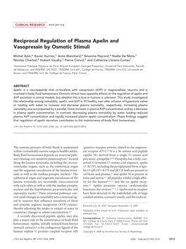 Reciprocal Regulation of Plasma Apelin and Vasopressin by Osmotic Stimuli