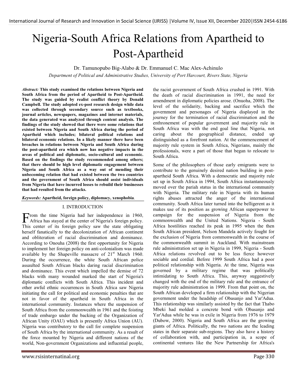 Nigeria-South Africa Relations from Apartheid to Post-Apartheid