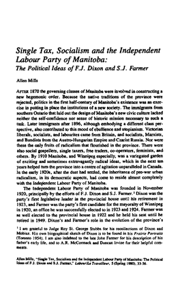 Single Tax, Socialism and the Independent Labour Party of Manitoba: the Political Ideas of F.J
