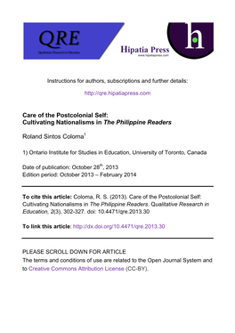 Care of the Postcolonial Self: Cultivating Nationalisms In" the Philippine Readers"