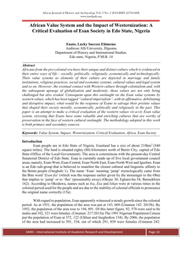 African Value System and the Impact of Westernization: a Critical Evaluation of Esan Society in Edo State, Nigeria