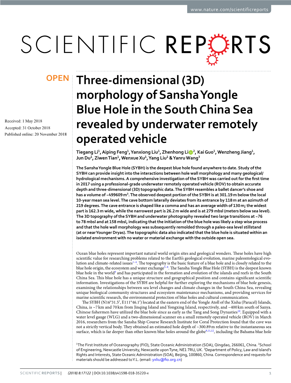 (3D) Morphology of Sansha Yongle Blue Hole in the South China Sea