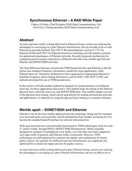 A RAD White Paper Abstract Worlds Apart – SONET/SDH and Ethernet