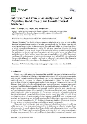 Inheritance and Correlation Analysis of Pulpwood Properties, Wood Density, and Growth Traits of Slash Pine