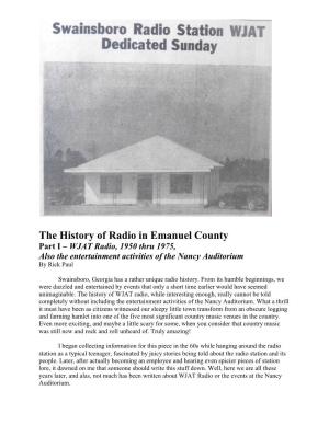 The History of Radio in Emanuel County Part I – WJAT Radio, 1950 Thru 1975, Also the Entertainment Activities of the Nancy Auditorium by Rick Paul
