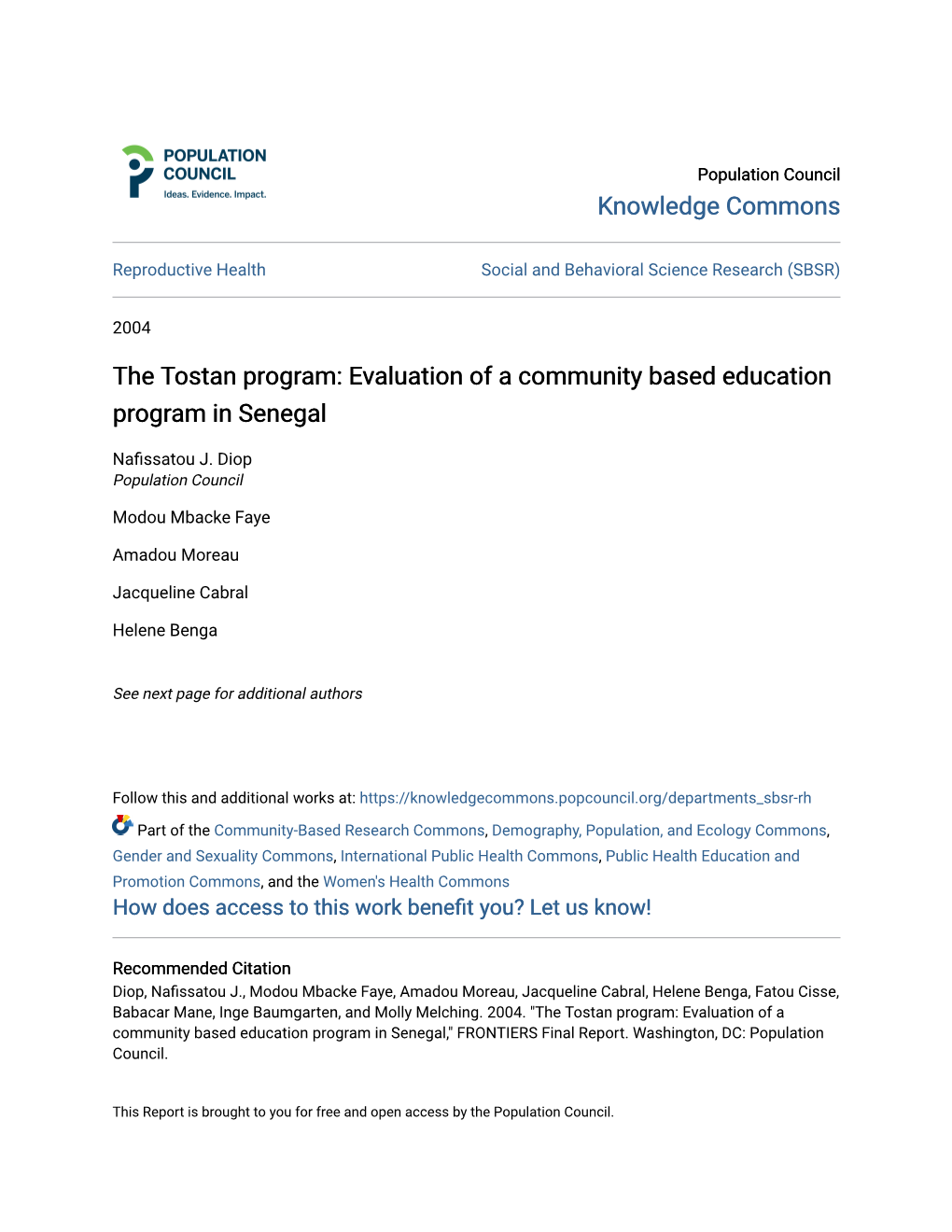 The Tostan Program: Evaluation of a Community Based Education Program in Senegal