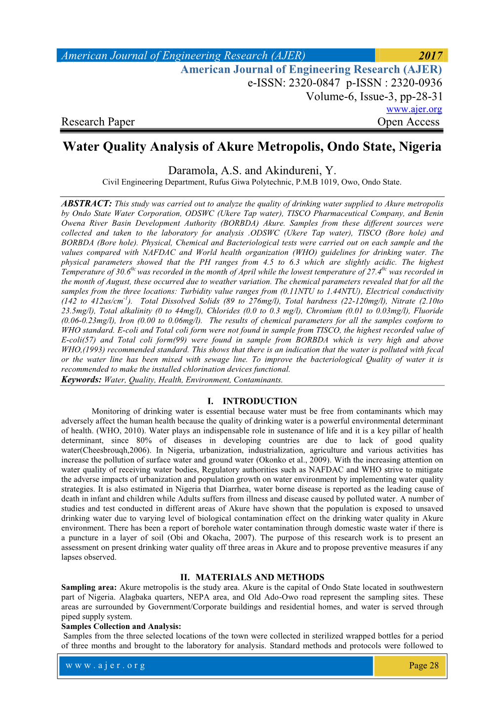 Water Quality Analysis of Akure Metropolis, Ondo State, Nigeria