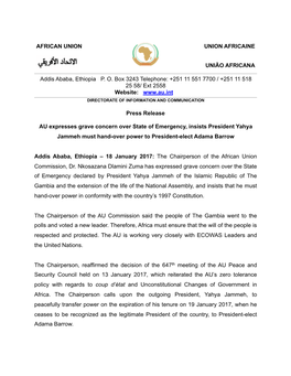 Press Release AU Expresses Grave Concern Over State of Emergency