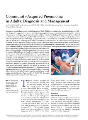 Community-Acquired Pneumonia in Adults: Diagnosis and Management ALEXANDER KAYSIN, MD, MPH, and ANTHONY J