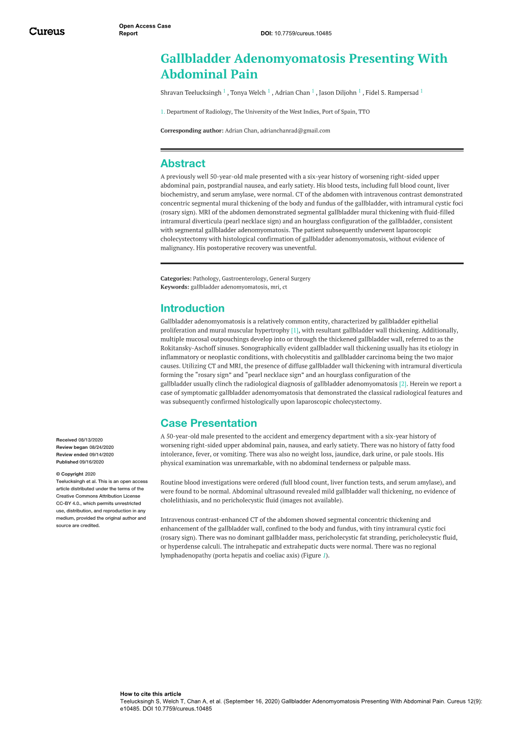 Gallbladder Adenomyomatosis Presenting with Abdominal Pain