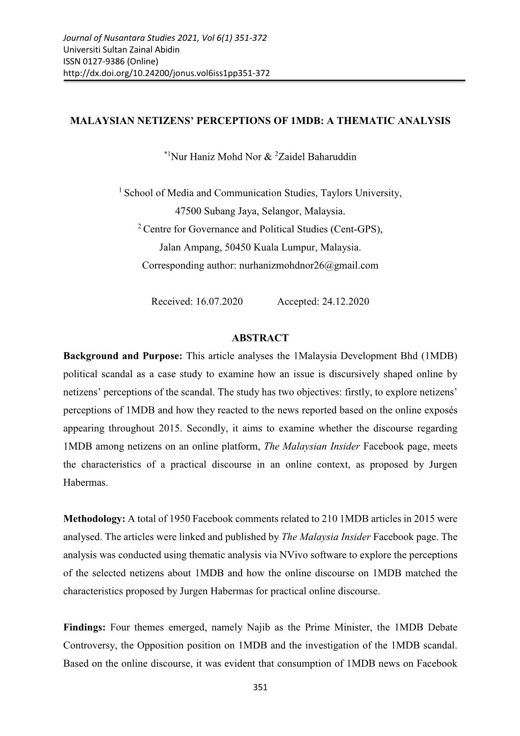 Malaysian Netizens' Perceptions of 1Mdb: a Thematic Analysis