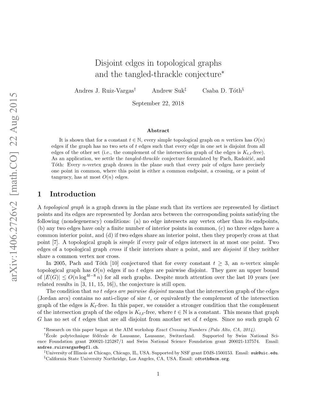 Disjoint Edges in Topological Graphs and the Tangled-Thrackle Conjecture