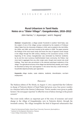 Rural Urbanism in Tamil Nadu Notes on a “Slater Village”: Gangaikondan, 1916–2012 John Harriss,* J