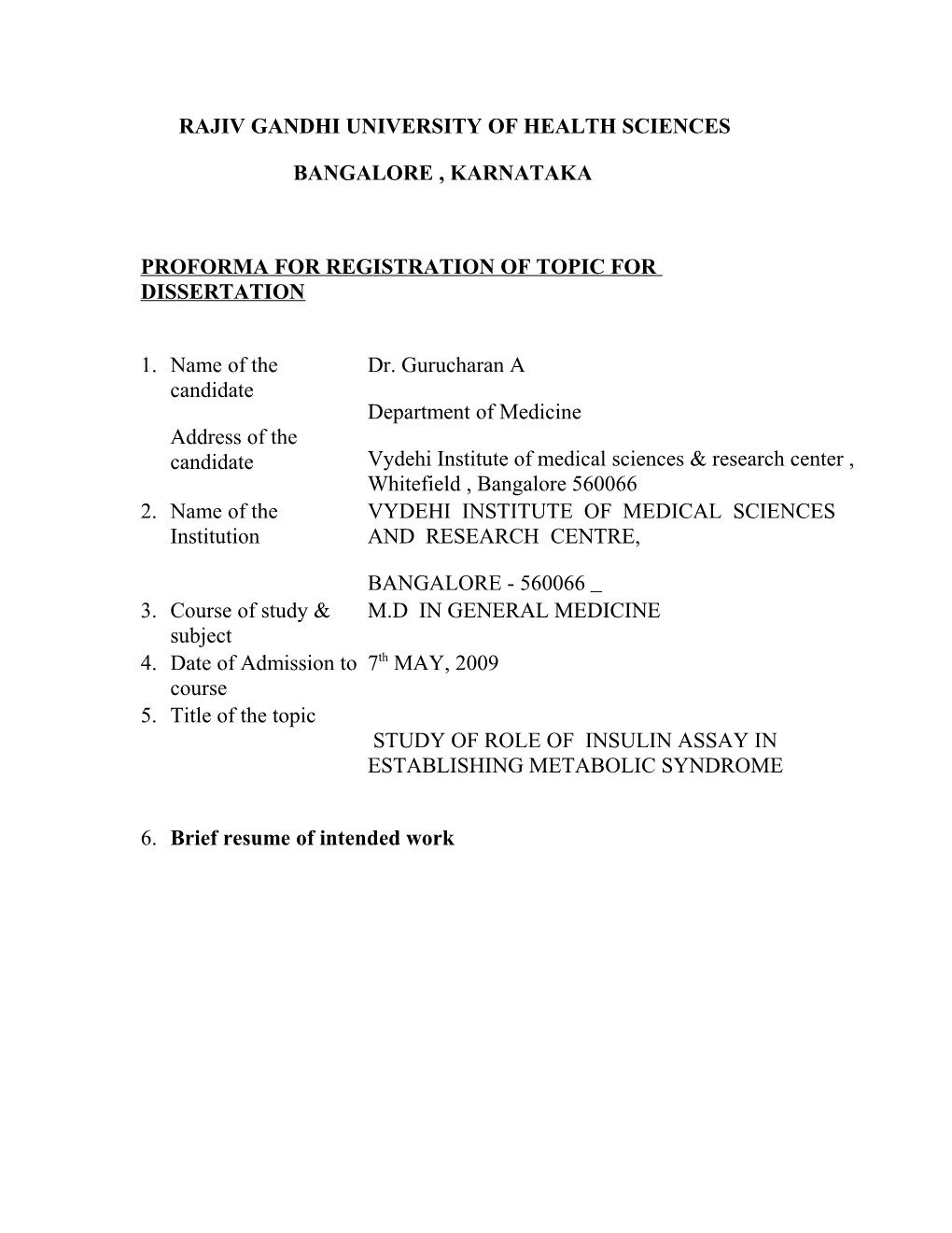 Proforma for Registration of Topic for Dissertation