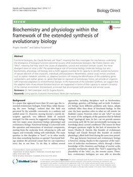 Biochemistry and Physiology Within the Framework of the Extended Synthesis of Evolutionary Biology Angelo Vianello1* and Sabina Passamonti2