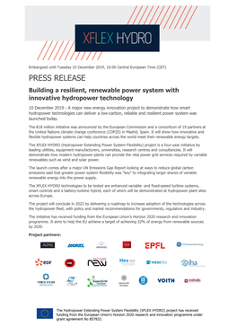 PRESS RELEASE Building a Resilient, Renewable Power System with Innovative Hydropower Technology