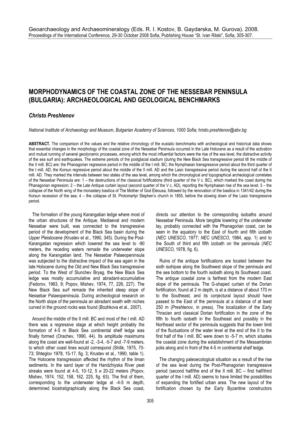 Morphodynamics of the Coastal Zone of the Nessebar Peninsula (Bulgaria): Archaeological and Geological Benchmarks