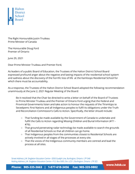 HDSB Letter to the Prime Minister Re:Truth and Reconciliation