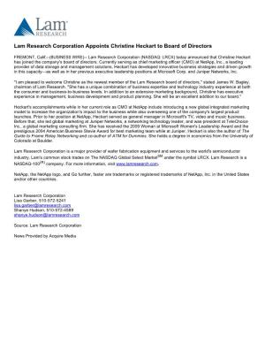 Lam Research Corporation Appoints Christine Heckart to Board of Directors