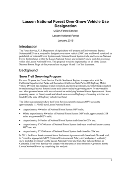 Lassen National Forest Over-Snow Vehicle Use Designation USDA Forest Service Lassen National Forest January 2015 Introduction the Forest Service, U.S