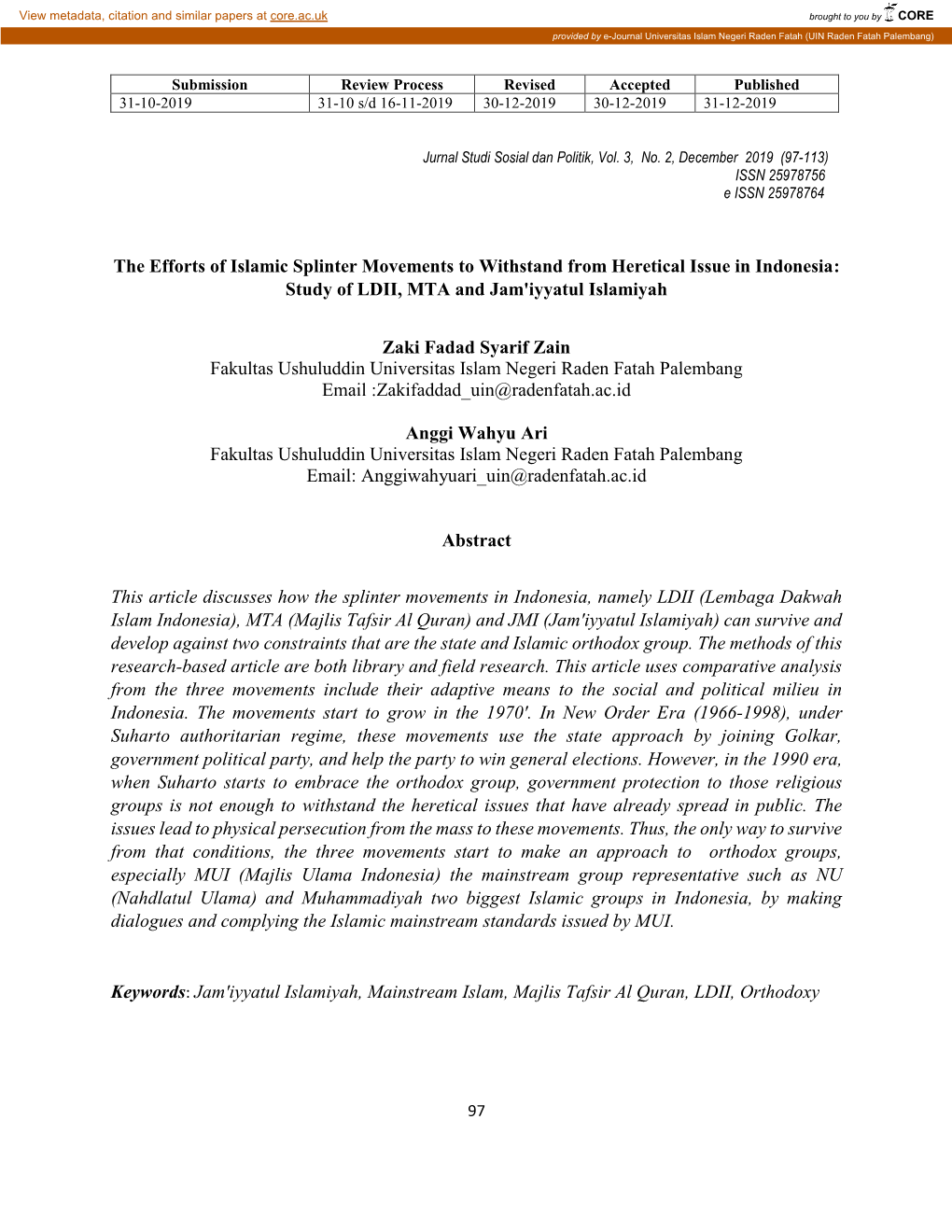 The Efforts of Islamic Splinter Movements to Withstand from Heretical Issue in Indonesia: Study of LDII, MTA and Jam'iyyatul Islamiyah