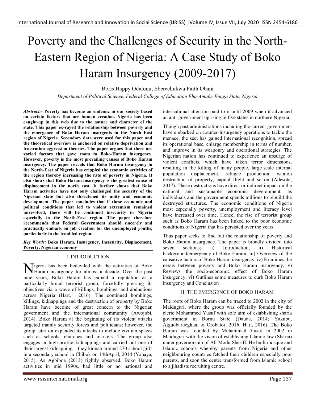 Eastern Region of Nigeria: a Case Study of Boko Haram Insurgency (2009-2017)