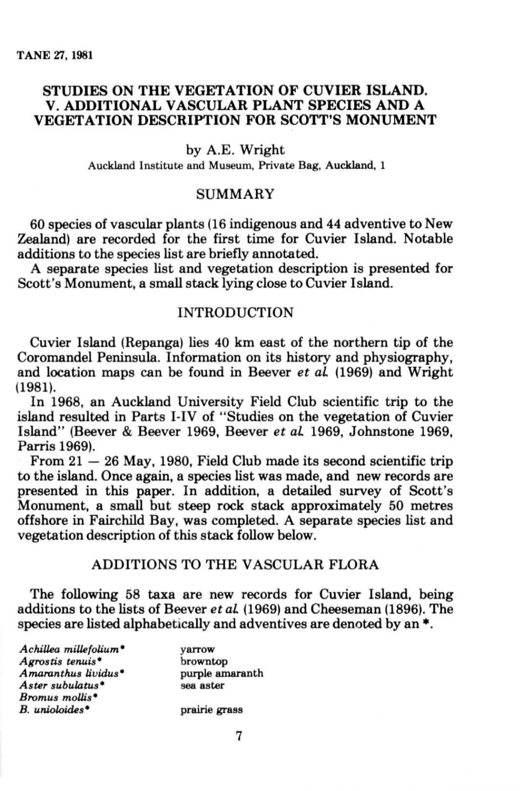 Studies on the Vegetation of Cuvier Island. V. Additional Vascular Plant Species and a Vegetation Description for Scott's Monument