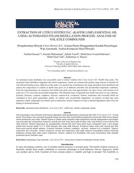 (Kaffir Lime) Essential Oil Using Automated Steam Distillation Process: Analysis of Volatile Compounds