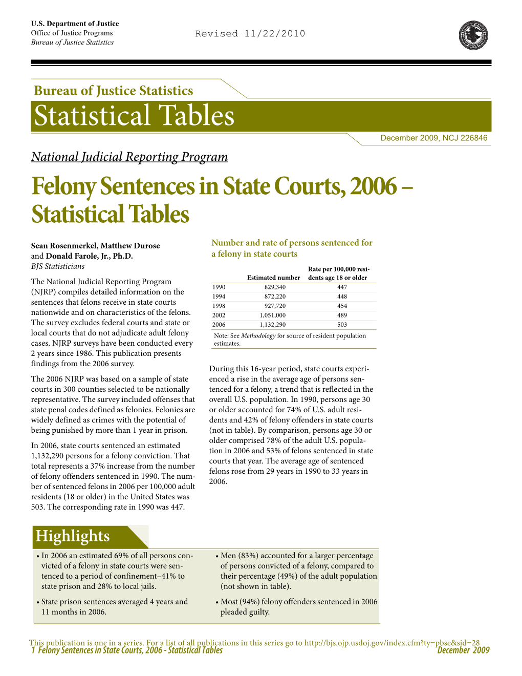 Felony Sentences in State Courts, 2006 – Statistical Tables