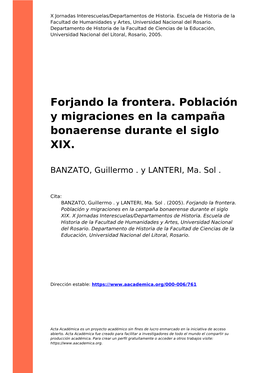 Forjando La Frontera. Población Y Migraciones En La Campaña Bonaerense Durante El Siglo XIX