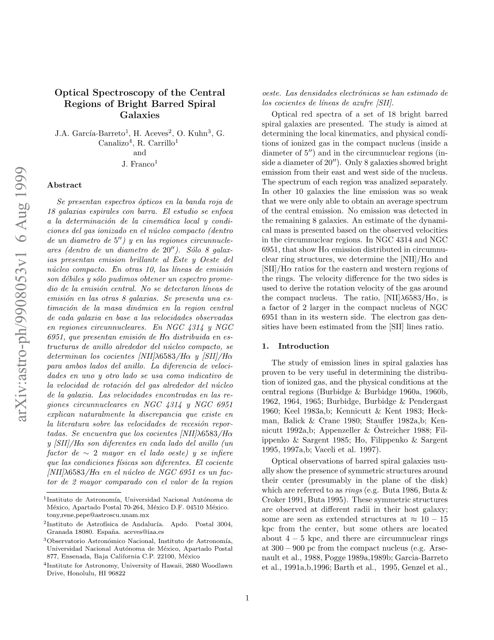 Optical Spectroscopy of the Central Regions of Bright Barred Spiral